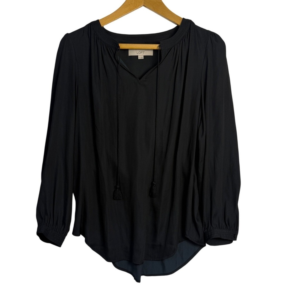 LOFT Women Black Long Sleeve Tassel Tie V-Neck‎ Boho Blouse Top Size S